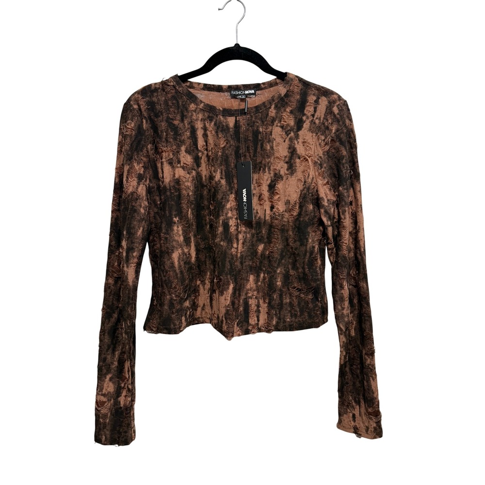 Fashion Nova Now Or Never Distressed Top XL Brown Black Tie Dye Long Sleeve NEW
